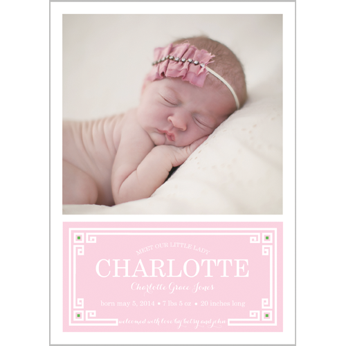 Pink Greek Key Plaque Photo Birth Announcement Card