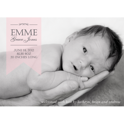 Pink Sheer Ribbon Horizontal Photo Birth Announcement Card Wholesale