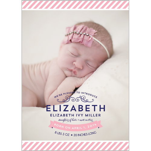 Preppy Pink Stripe Photo Birth Announcement Card