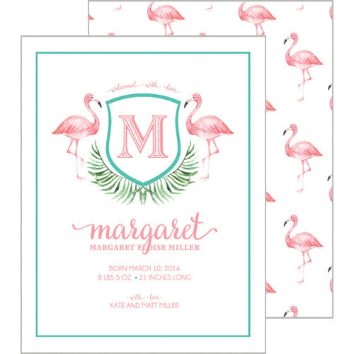 Watercolor Pink Flamingo A2 Birth Announcement Card