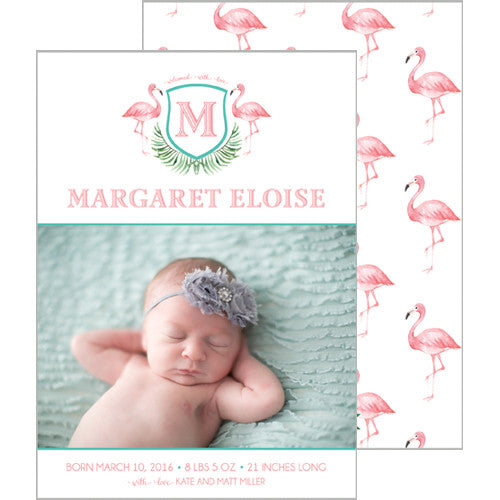 Watercolor Pink Flamingo Photo Birth Announcement Card