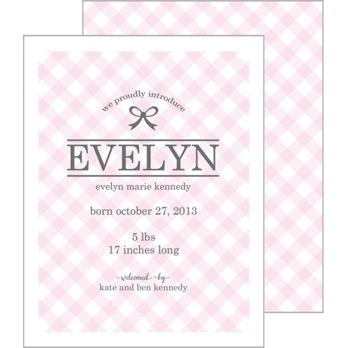 Pink Gingham A2 Birth Announcement Card