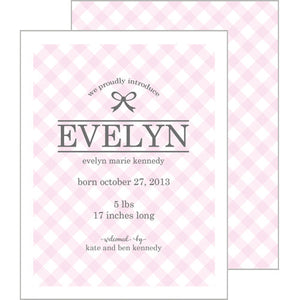 Pink Gingham A2 Birth Announcement Card