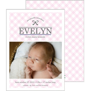 Pink Gingham Check Photo Birth Announcement Card | Multiple Icon Options