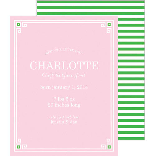 Pink + Green Greek Key Border A2 Birth Announcement Card