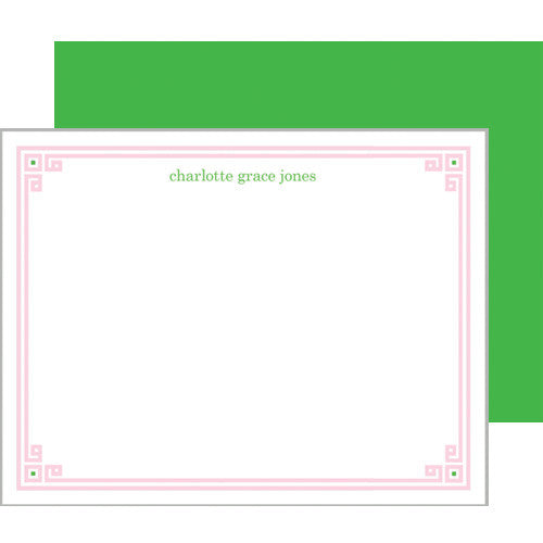 Pink + Green Greek Key Border Personalized Flat Notecards