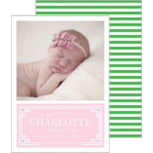 Pink + Green Greek Key Plaque Photo Birth Announcement Card Wholesale