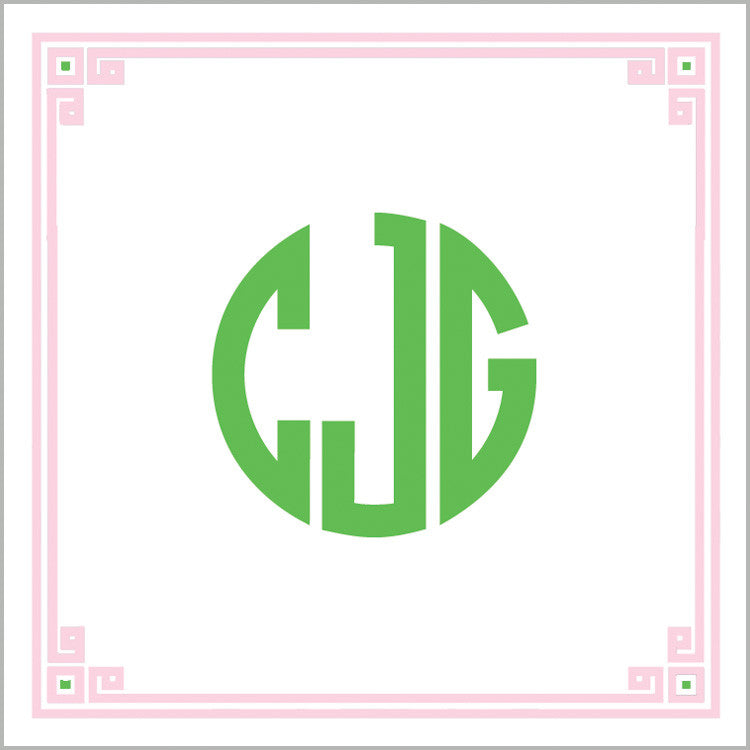 Pink + Green Greek Key Border Square Stickers | Set of 24