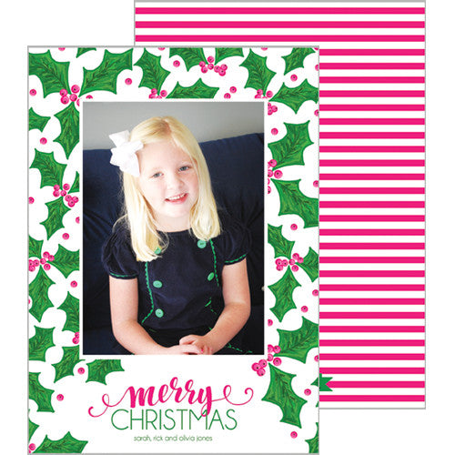 Preppy Pink + Green Holly Christmas Photo Card