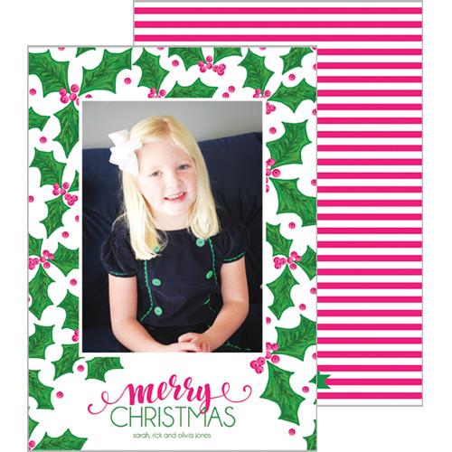 Preppy Pink + Green Holly Christmas Photo Card Wholesale