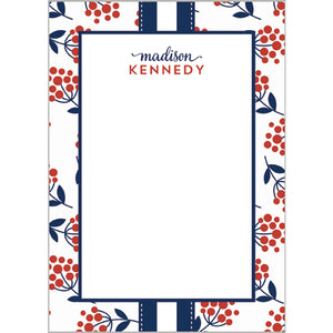 Red Berries + Navy Stripes Personalized Notepad