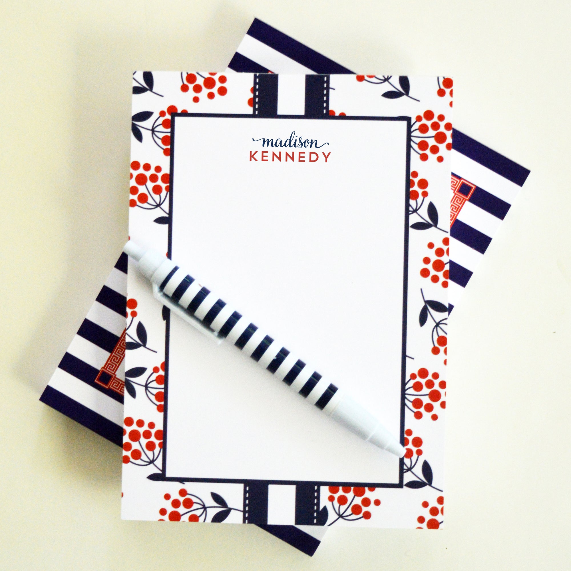 Red Berries + Navy Stripes Personalized Notepad