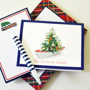 Nautical Christmas Tree in a Row Boat Personalized Folded Notecards