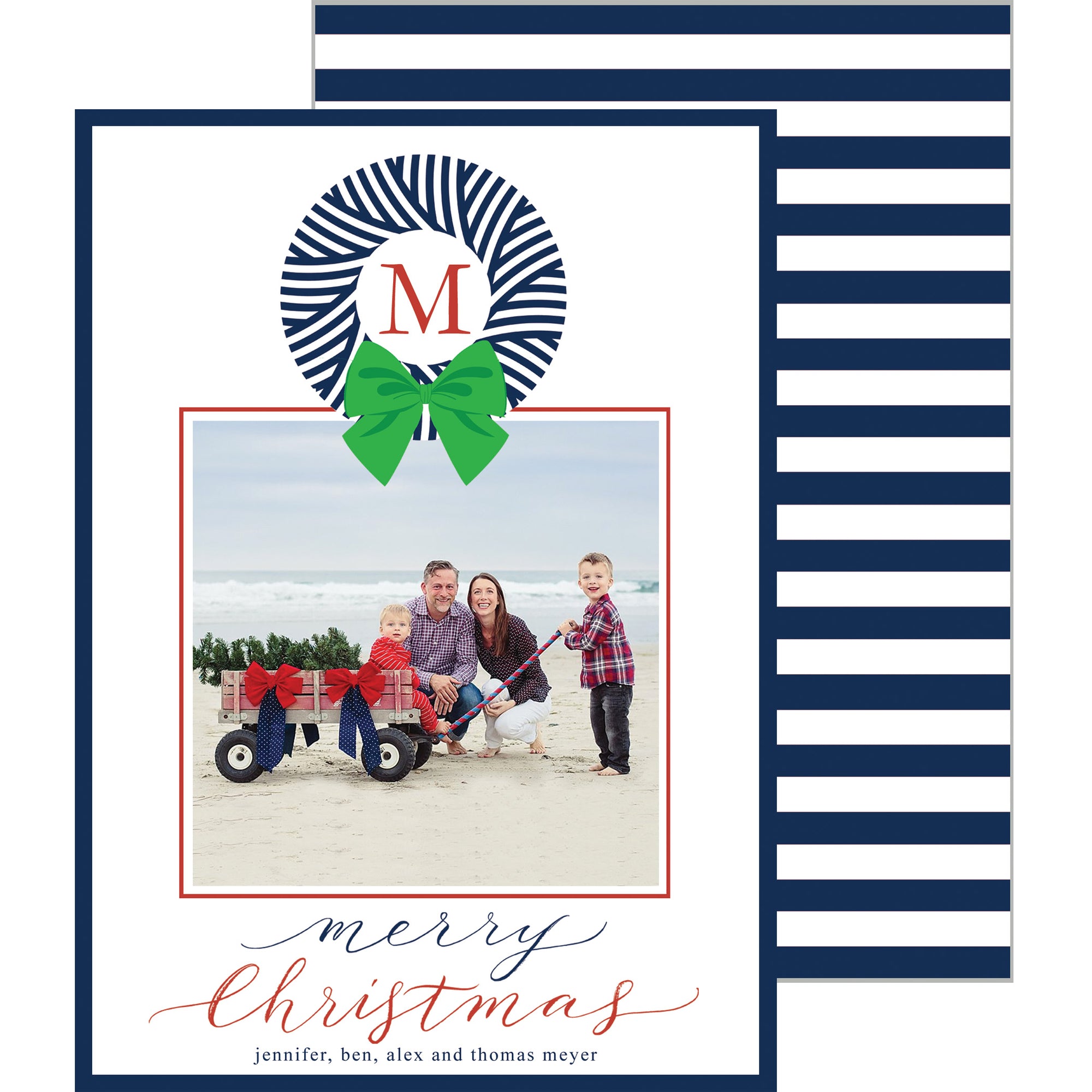 Navy Blue Striped Christmas Wreath Holiday Photo Card