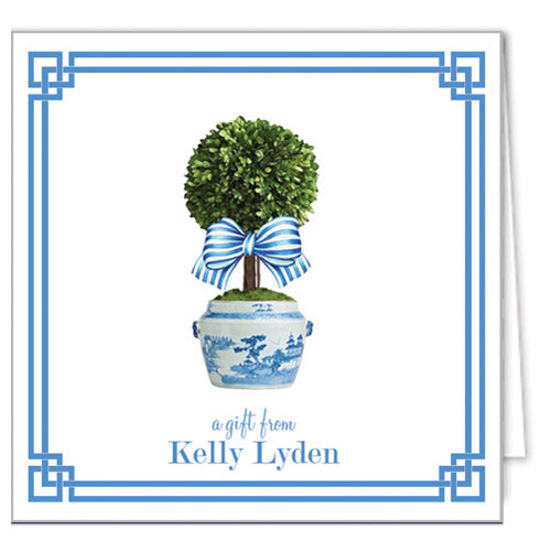 Spring Topiary Tree with Blue Striped Bow Personalized Enclosure Cards + Envelopes