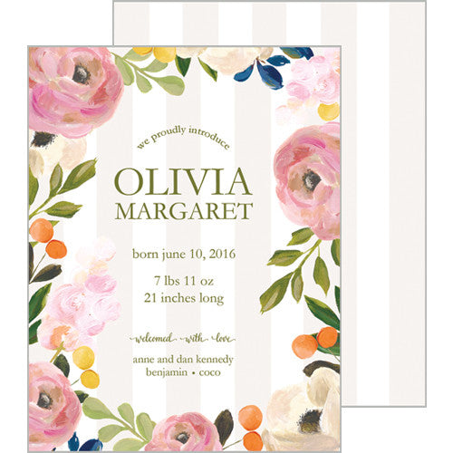 Tan Watercolor Floral A2 Birth Announcement Card
