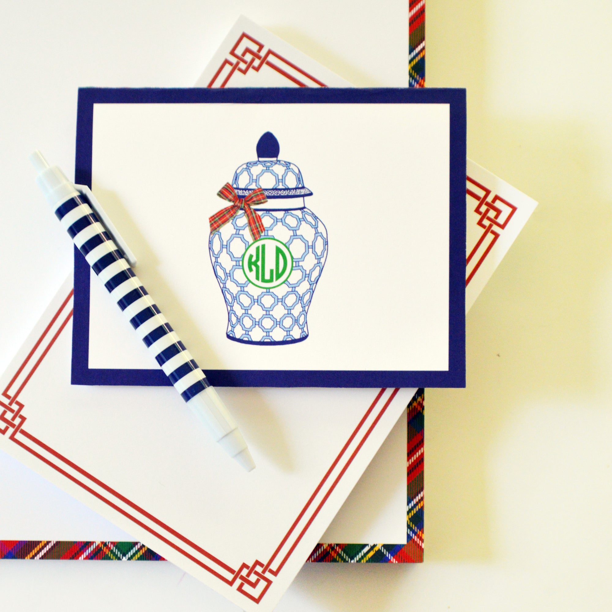 Blue and White Ginger Jar with Tartan Plaid Bow Monogrammed Folded Notecards