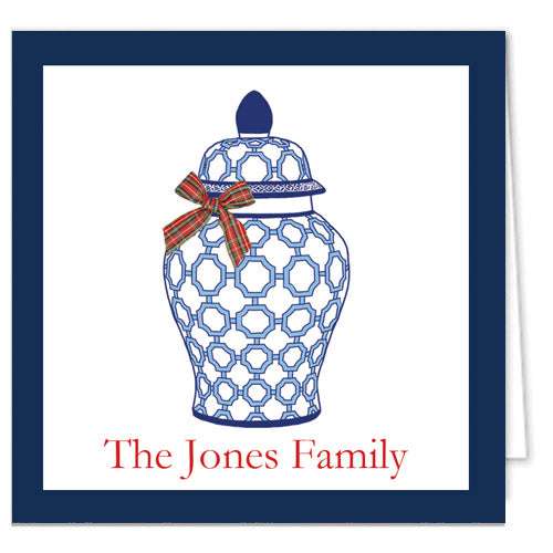 Blue and White Ginger Jar with Red Tartan Plaid Bow Personalized Enclosure Cards + Envelopes
