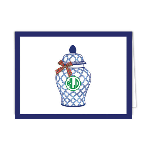 Blue and White Ginger Jar with Tartan Plaid Bow Monogrammed Folded Notecards