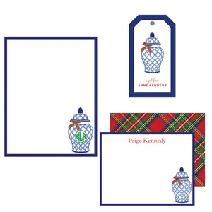 Blue and White Geometric Ginger Jar with Tartan Plaid Bow Stationery Gift Set