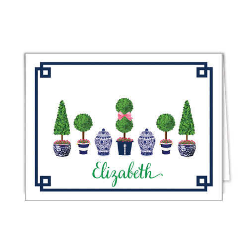 Topiary Trees with Pink Bows Personalized Folded Notecards