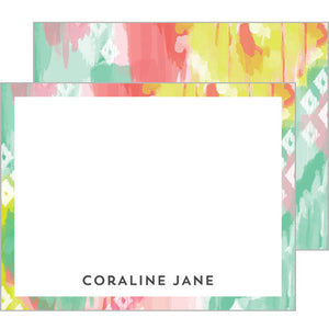 Pink and Aqua Watercolor Brushstrokes Personalized Flat Notecards
