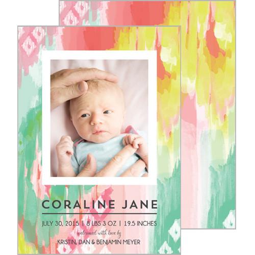 Pink and Aqua Watercolor Brushstrokes Photo Birth Announcement