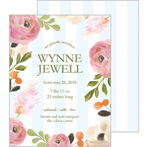 Pink Watercolor Flowers and Blue Stripe Flat Birth Announcement