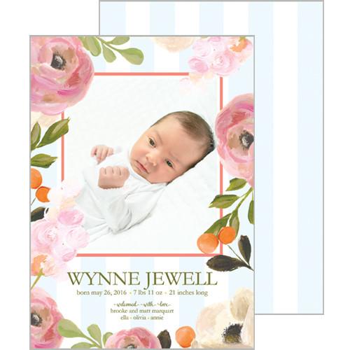 Watercolor Floral and Blue Stripe Photo Birth Announcement