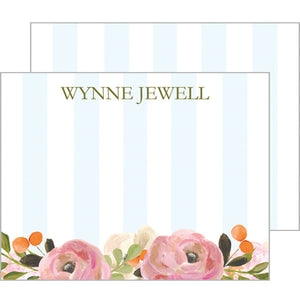 Pink Watercolor Flowers and Blue Stripe Personalized Flat Notecards