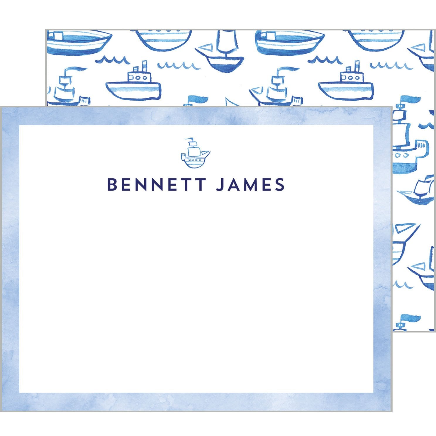 Blue Watercolor Sailboats Personalized Flat Notecard