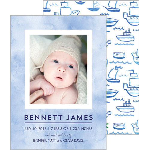 Blue Watercolor Sailboats Photo Birth Announcement