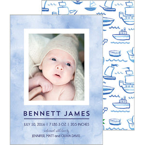 Blue Watercolor Sailboats Photo Birth Announcement