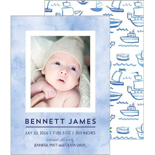 Blue Watercolor Sailboats Photo Birth Announcement