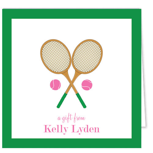 Wood Tennis Racquets and Pink Tennis Balls Personalized Enclosure Cards + Envelopes